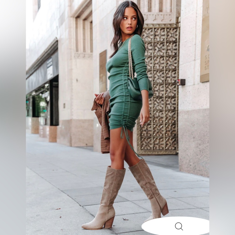 Green ruched sweater dress